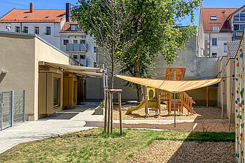 Kleine Riesen Nürnberg Rennweg - Außenbereich mit Klettergerüst, Sandkasten und Boulderwand