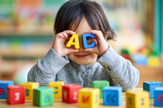 Kind guckt durch zwei Holzbuchstaben