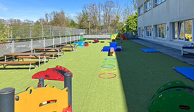 Kita Kleine Riesen Hannover Badenstedt - Außenfläche mit Rasen und Spielgeräten