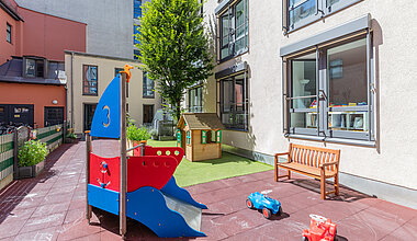 Garten mit Spielgeräten der Kita Kleine Riesen München Schwanthalerhöhe