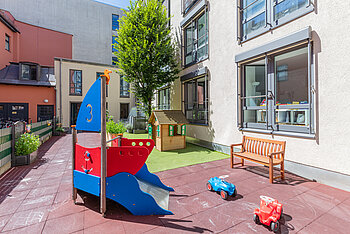 Garten mit Spielgeräten der Kita Kleine Riesen München Schwanthalerhöhe